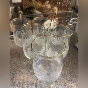 Vintage 80s Libbey Winter White Pine Trees Snow 6 Wine Goblets Glasses Gold Trim